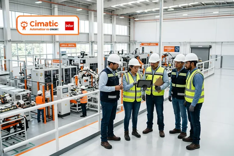 ERP Colombia Cimatic. Equipo de ingenieros supervisando operaciones en una planta de manufactura moderna.