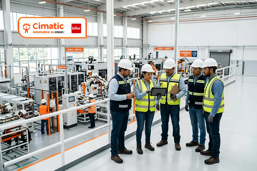ERP Colombia Cimatic. Equipo de ingenieros supervisando operaciones en una planta de manufactura moderna.