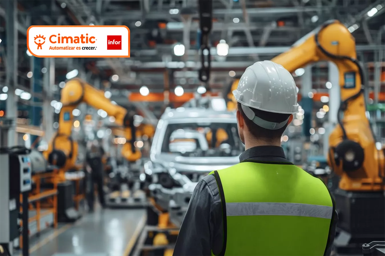 ERP Colombia Que Industrias se Benefician Cimatic. Supervisor industrial monitoreando una línea de producción automatizada con robots y procesos de ensamblaje en una planta manufacturera moderna.